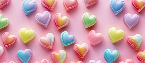 Sticker - Top view of a sweet pastel rainbow candy heart pattern perfect for Valentine's Day and Easter decor with a copyspace image.