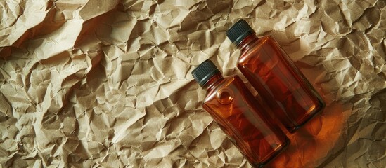 Poster - Amber glass cosmetic bottles displayed on crumpled craft paper with a spa-themed packaging design, featuring a serene copy space image.