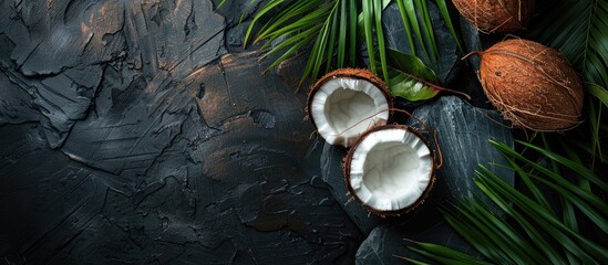 Aufkleber - Tropical coconut displayed on a dark stone surface with palm leaves, creating a refreshing and tropical atmosphere in a top-down view with room for your message in the copy space image.