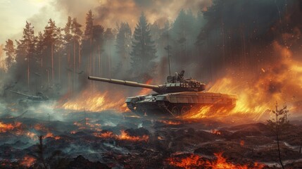 Dramatic tank passing through burning forests of a battle field in a war. AI generated