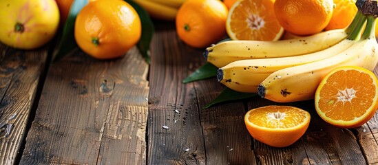 Poster - Juicy fruits like bananas and mandarins on a wooden table with copy space image.