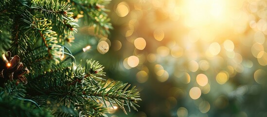 Poster - Festive fir branches blurred in the background with space for text or images. Copy space image. Place for adding text and design
