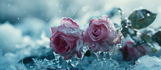 Poster - Roses trapped beneath the ice, creating a charming winter scene with a copy space image.