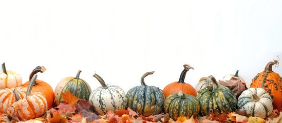 Poster - Various pumpkins displayed on a bed of fallen leaves, set against a white backdrop with copy space image.