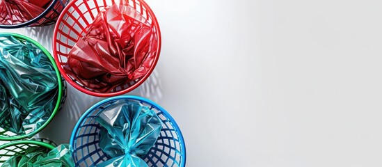 Aufkleber - Metal baskets featuring green, red, and blue bags placed on a light background with ample space for text or images.