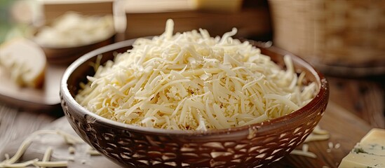 Poster - A digital combination showcasing a text for National Cheese Day, with shredded cheese in a bowl on a table, leaving room for additional images or text.