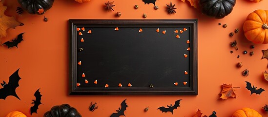 Poster - An orange backdrop with Halloween decor including a black board, pumpkins, bats, and a flat lay view for a website banner with copy space image.