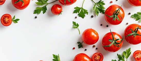 Poster - Top view of tomatoes garnished with parsley leaves on a white background, providing copy space in the image.