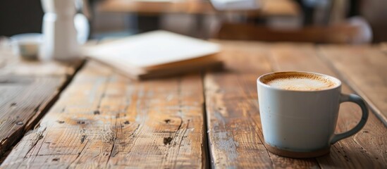 Aufkleber - A small cup of coffee sits on the table next to a copy space image.