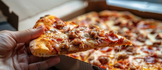 Poster - Close-up shot of a hand holding a slice of meat pizza in a box with copy space image included.