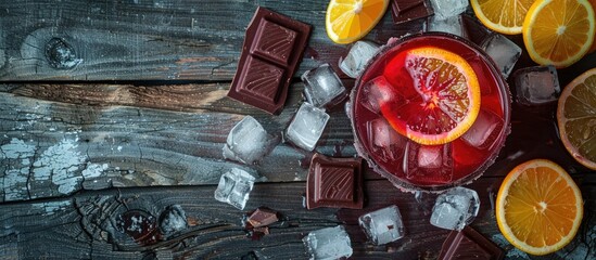 Aufkleber - Top-down view of a cold tequila-based citrus cocktail with blood orange juice and ginger beer, served on a rustic wooden surface, accompanied by ice, lemon slices, and chocolate treats. Available