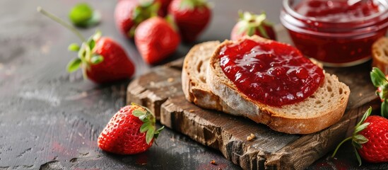 Poster - Bread with strawberry jam on vibrant table with copy space image.