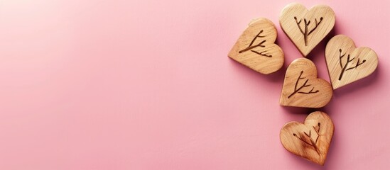 Aufkleber - Valentine's Day concept with tree symbol shown on wooden hearts against a pink backdrop, ideal for a copy space image.