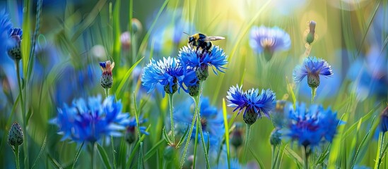 Poster - A bumblebee beetle perched on a cornflower in a meadow gathers nectar. The vivid blue flowers contrast beautifully with the lush green grass, creating a serene spring backdrop with ample copy space
