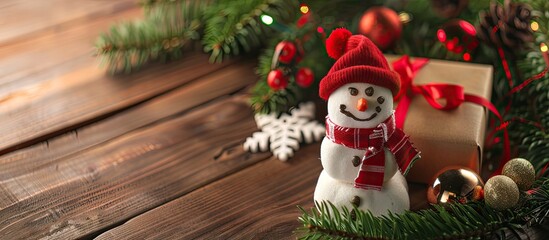 Poster - Festive Christmas decorations with gift boxes and snowman cookie adorn the fir tree branches on a wooden table with copy space image.