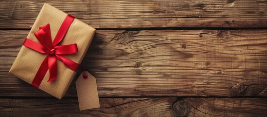 Poster - Gift box in brown with a red ribbon and tag on a wooden background with ample copy space image.