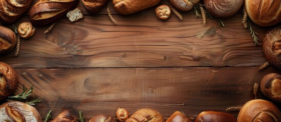 Poster - Wooden border with fresh bread arranged for display, featuring a blank area for adding text or images within the frame of the photo. Copy space image. Place for adding text and design