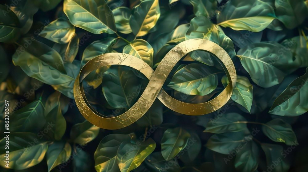 Infinity Sign In Nature Golden infinity symbol sign on nature background with green leaves ...