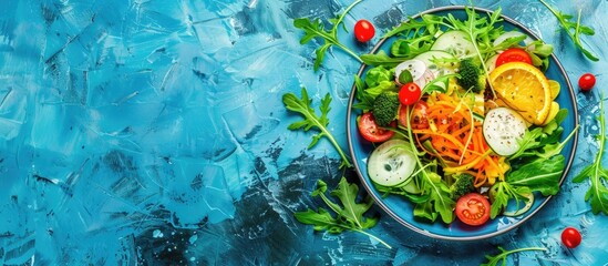 Poster - A salad plate with vegetarian food set against a vibrant blue background, offering a wholesome display of organic nutrition, with a spacious copy space image.