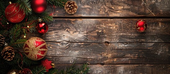 Wall Mural - Top-down view of Christmas ornaments on a wooden backdrop with copy space image.