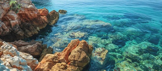 Leinwandbilder - Close-up view of a rocky shore by the clear blue ocean with a background setting, suitable for text. Copy space image. Place for adding text and design