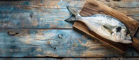 Aufkleber - Wooden background with a raw dorado fish on a board, perfect for use as a copy space image.