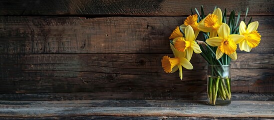 Poster - Daffodil flowers placed on an aged wooden table with empty space for a photo. Copy space image. Place for adding text and design
