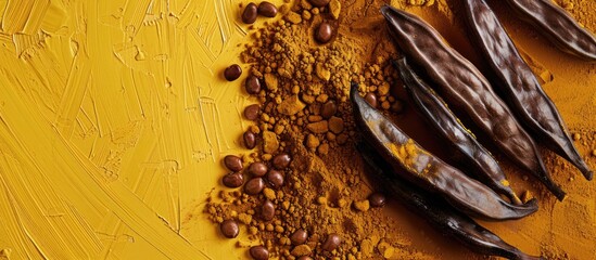 Aufkleber - Top view of carob beans and powder on a yellow or brown background with room for text or adding images. Copy space image. Place for adding text and design