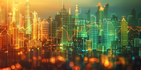 Poster - illustration of the residential real estate developers market. a graph or chart showing the drop in bond values. Background image. Created with Generative AI technology.