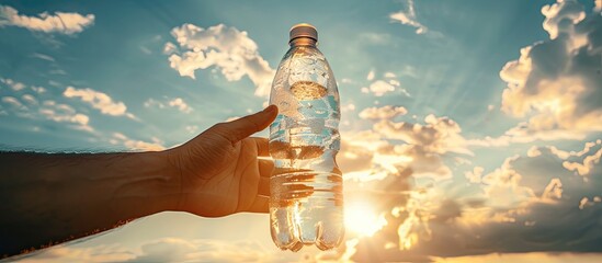 Poster - Male hand holding a transparent plastic bottle filled with water against a sunny sky, featuring a full corked glass bottle nearby, offering empty copy space image.