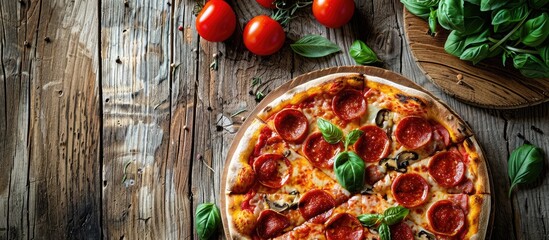 Aufkleber - Italian pizza topped with pepperoni, tomatoes, cheese, and herbs served on a rustic wooden table with a vintage backdrop offering copy space image.