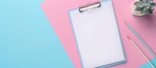 Poster - Business concept displayed on a pastel blue and pink background with a blank clipboard, white paper, and pencils,top view flat lay copy space image.