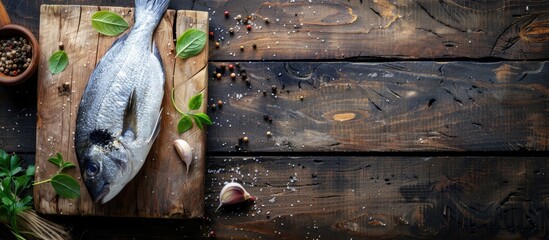 Aufkleber - Wooden background with a raw dorado fish on a board, perfect for use as a copy space image.