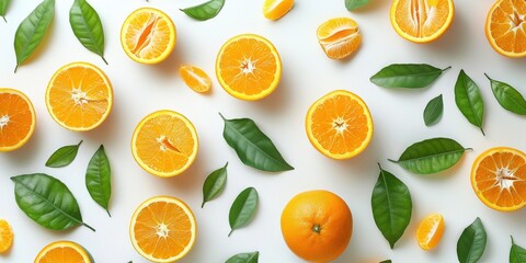 Wall Mural - Orange Slices and Leaves on a White Background