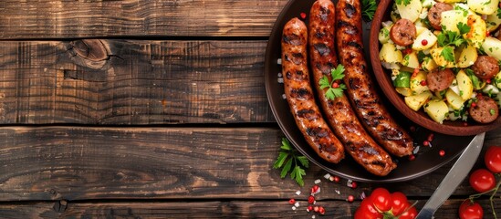 Poster - Succulent grilled sausages served with potato salad on a rustic wooden backdrop, perfect for a copy space image.