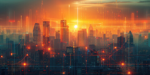 Poster - illustration of the residential real estate developers market. a graph or chart showing the drop in bond values. Background image. Created with Generative AI technology.