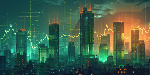 Poster - illustration of the residential real estate developers market. a graph or chart showing the drop in bond values. Background image. Created with Generative AI technology.