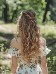 Wall Mural - A woman with long blonde hair is wearing a floral dress and has her hair in a braid