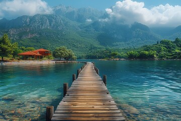 A stunning wooden pier stretching into a crystal-clear lake surrounded by lush green mountains and a scenic landscape, offering a sense of peace and adventure.