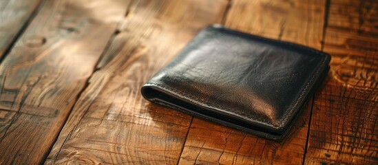 Poster - Leather wallet in black color displayed on a table made of wood, with space for adding images. Copy space image. Place for adding text and design