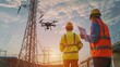 © artpray - Electrical technician men worker standing near tower transmission high voltage with drone.