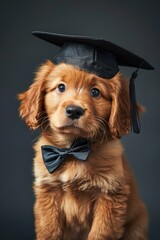 Wall Mural - A small dog wearing a black graduation cap and a black bow tie. The dog is looking at the camera with a serious expression