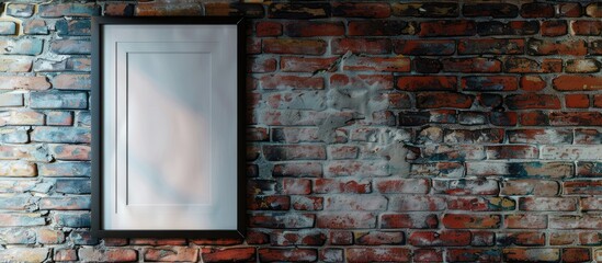 Poster - A picture frame hanging on a textured brick wall with copy space image.