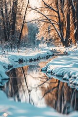 Sticker - A snowy river with a reflection of the trees in the water. Concept of tranquility and peacefulness, as the stillness of the water and the surrounding snow create a serene atmosphere