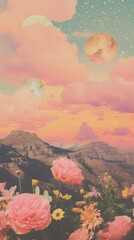 Wall Mural - Aesthetic sunset craft collage landscape mountain outdoors.
