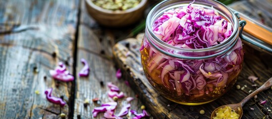 Poster - Close-up of delicious homemade fermented cabbage on a wooden surface with copy space image.