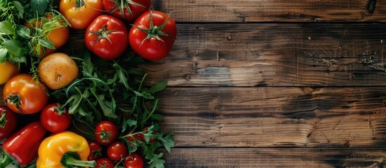 Aufkleber - Various vegetables displayed on a wooden table from a top view perspective with room for a caption in the image. Copy space image. Place for adding text and design