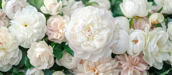 Aufkleber - Blooming white peonies and roses in a garden with floral wallpaper. Modern color scheme symbolizing love. Ideal for a card or text with ample copy space image.