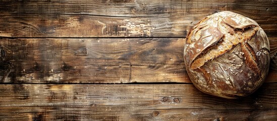 Wall Mural - A warm, freshly baked round of rye bread placed on a wooden surface with ample copy space image.