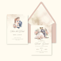 Wall Mural - Luxury wedding invitation card background with watercolor newlyweds.